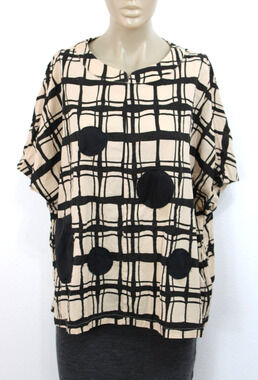 Simply Vanite Lagenlook Boxy Top Women's Black & Tan Polka Dot M Cotton Blend